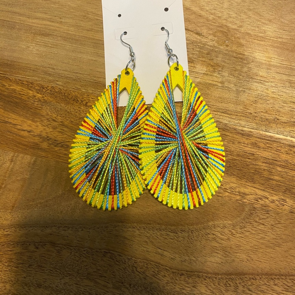 Yellow and Red Teardrop Earrings with Intricate Woven Design
